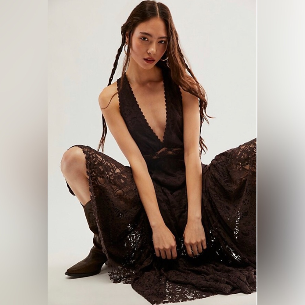 Free People One More Night Brown Lace Maxi Dress Hoco Halloween Day of the Dead - Picture 4 of 14